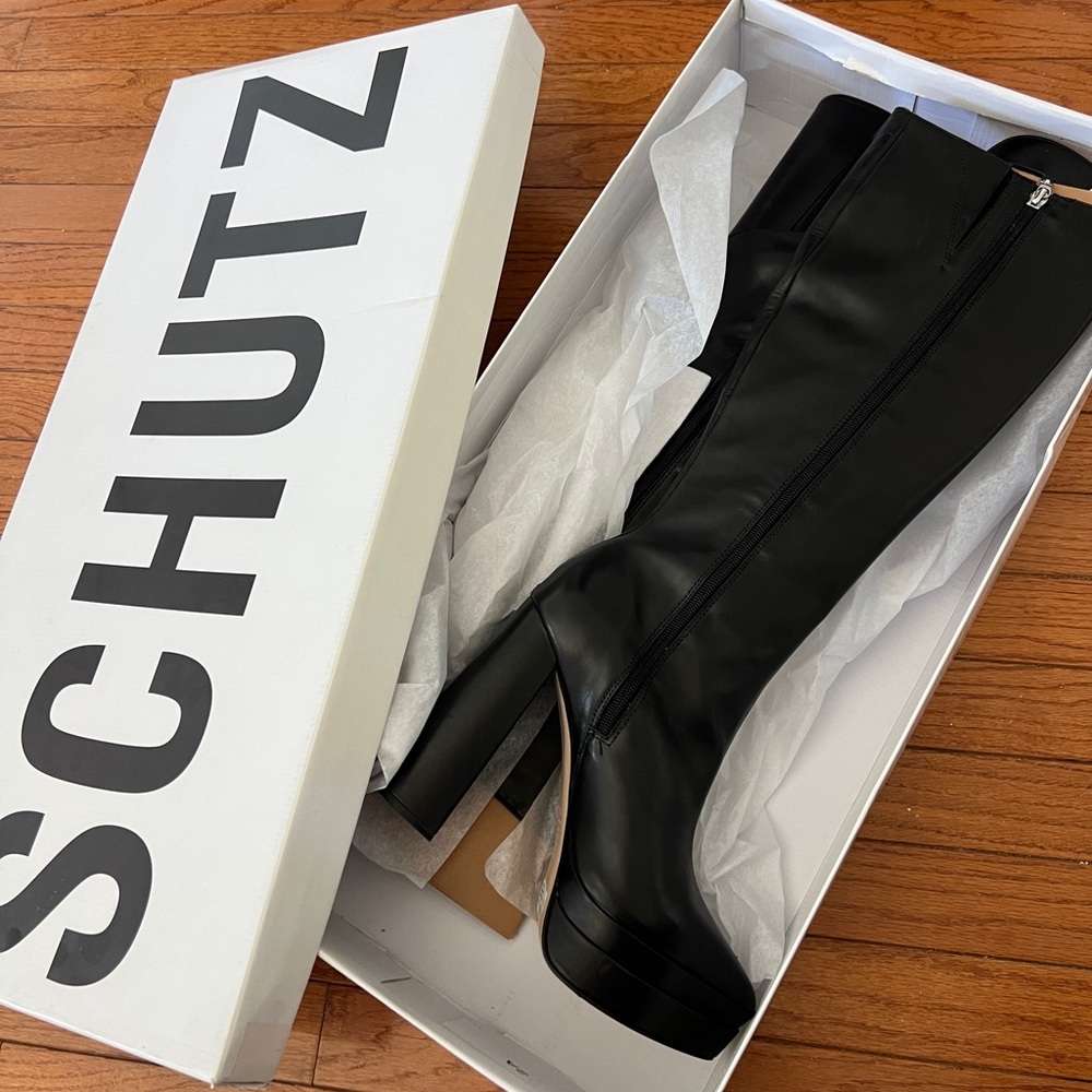 SCHUTZ Elysee Leather Platform Knee Boots - 7.5 / Black / Atanado Leather - Picture 4 of 7
